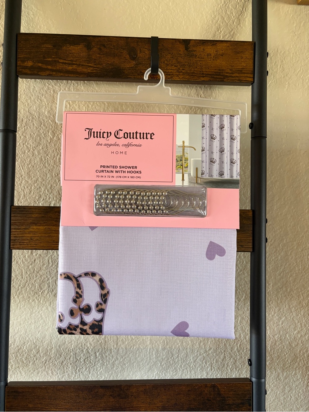 Juicy Couture Leopard Crown Shower Curtain 70x72 Lavender Hearts JC Logo NWT